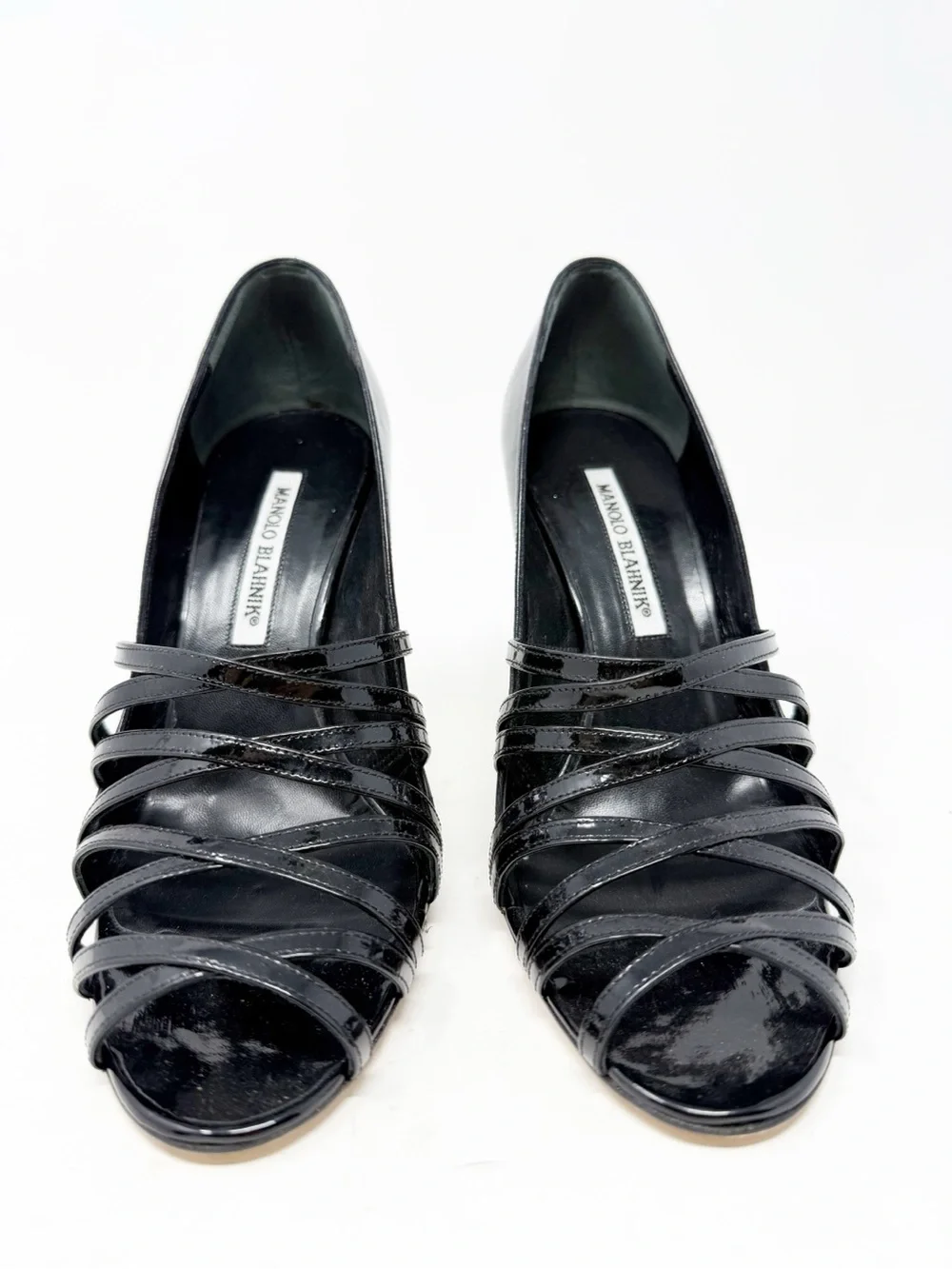 Manolo Blahnik CPETRA Patent Leather Strappy Heels Black Womens Size EU 37.5